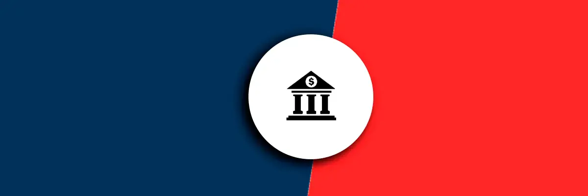 Banking icon on split red and blue background