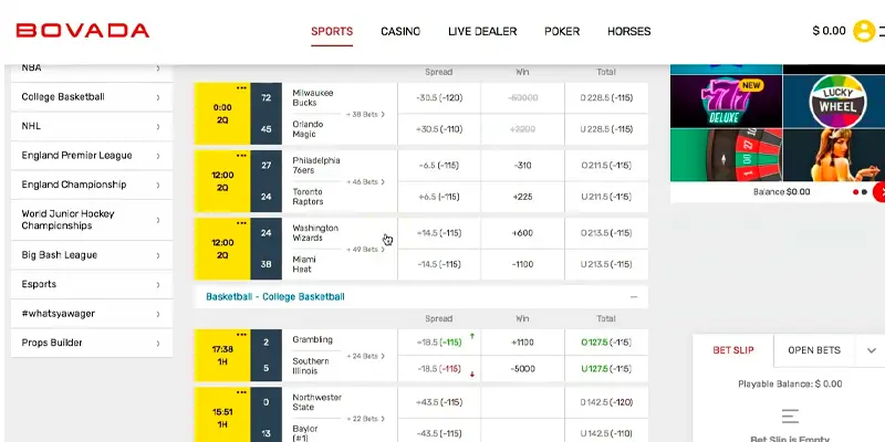 Bovada sportsbook homepage screenshot