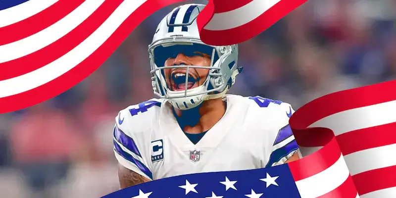 NFL quarterback with American flag background