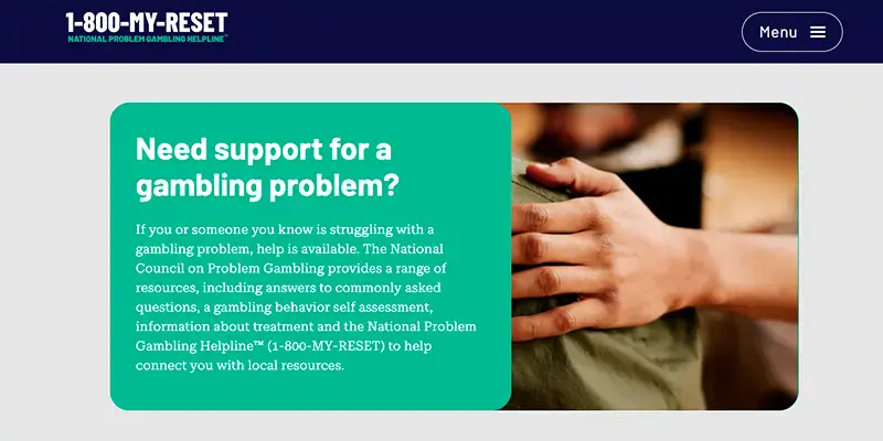 Responsible gambling support helpline webpage
